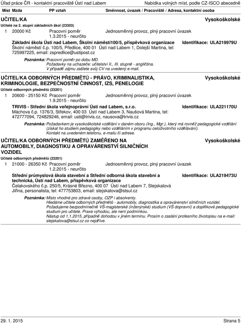 UČITEL/KA ODBORNÝCH PŘEDMĚTŮ - PRÁVO, KRIMINALISTIKA, KRIMINOLOGIE, BEZPEČNOSTNÍ ČINNOST, IZS, PENELOGIE Učitelé odborných předmětů (2320) 20600-2550 Kč Pracovní poměr.9.