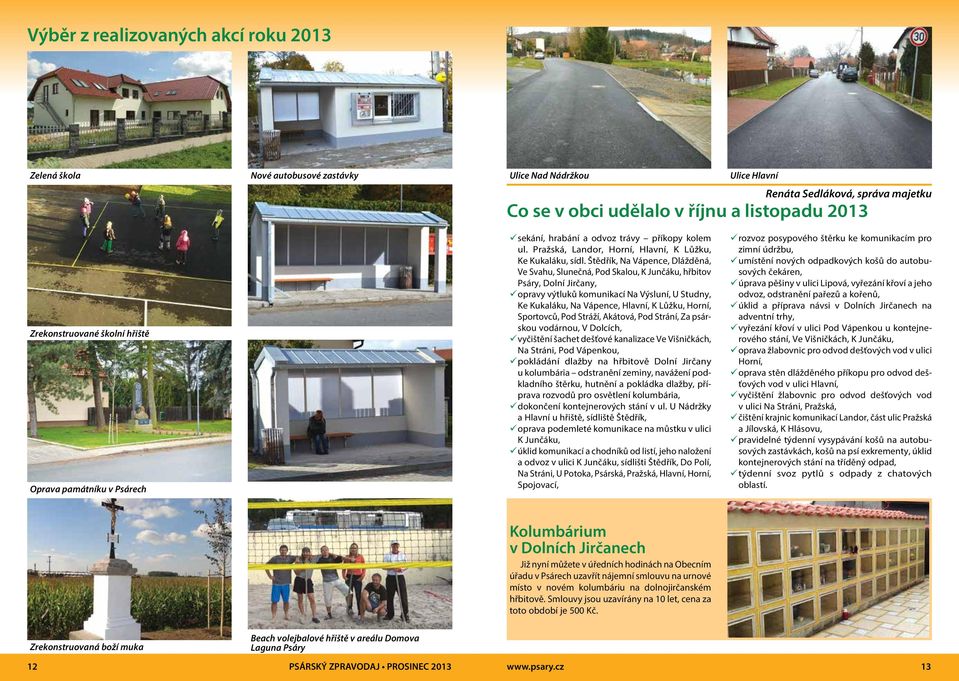 Štědřík, Na Vápence, Dlážděná, Ve Svahu, Slunečná, Pod Skalou, K Junčáku, hřbitov Psáry, Dolní Jirčany, 9opravy 9 výtluků komunikací Na Výsluní, U Studny, Ke Kukaláku, Na Vápence, Hlavní, K Lůžku,
