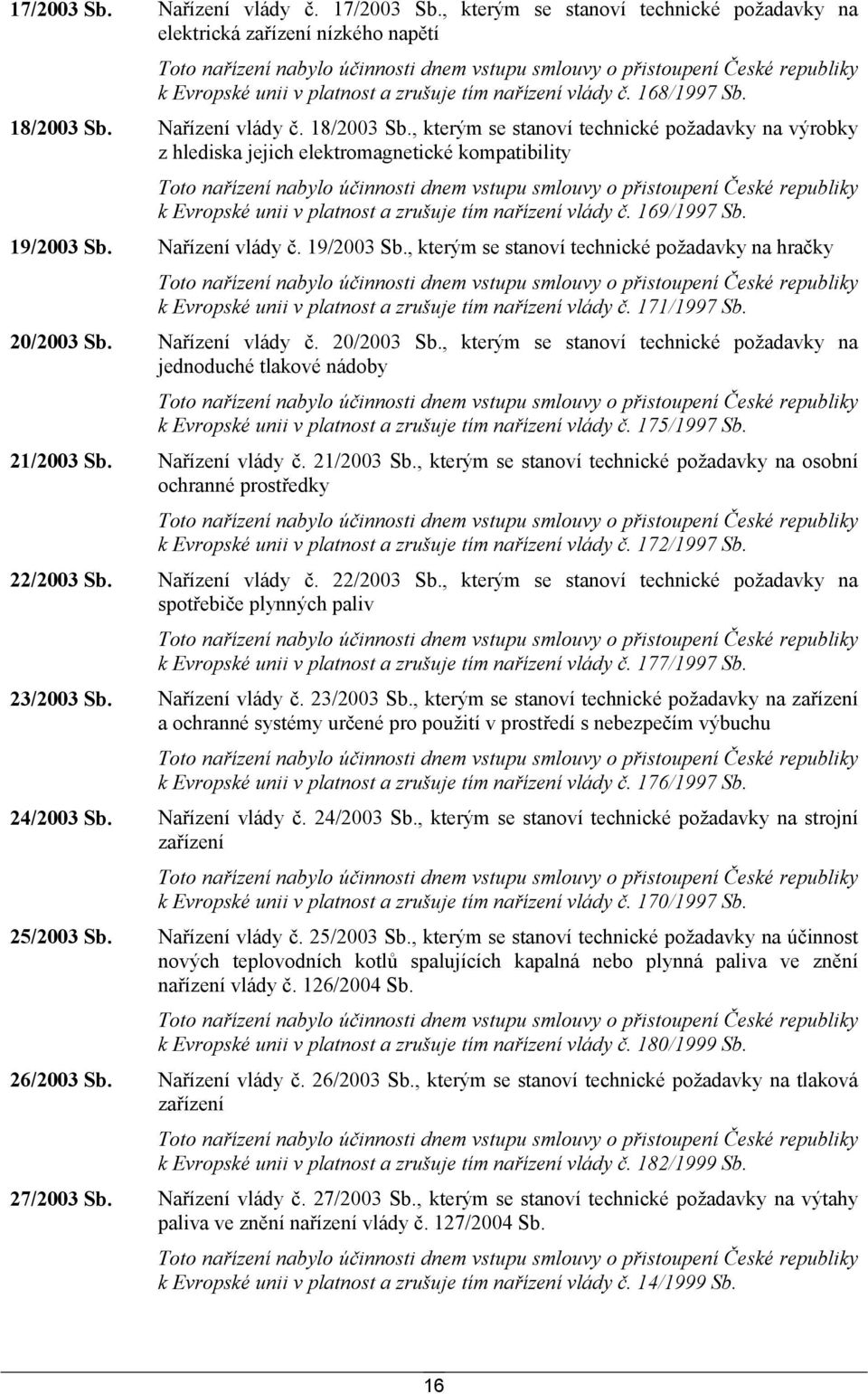 169/1997 Sb. 19/2003 Sb. Nařízení vlády č. 19/2003 Sb., kterým se stanoví technické požadavky na hračky k Evropské unii v platnost a zrušuje tím nařízení vlády č. 171/1997 Sb. 20/2003 Sb.