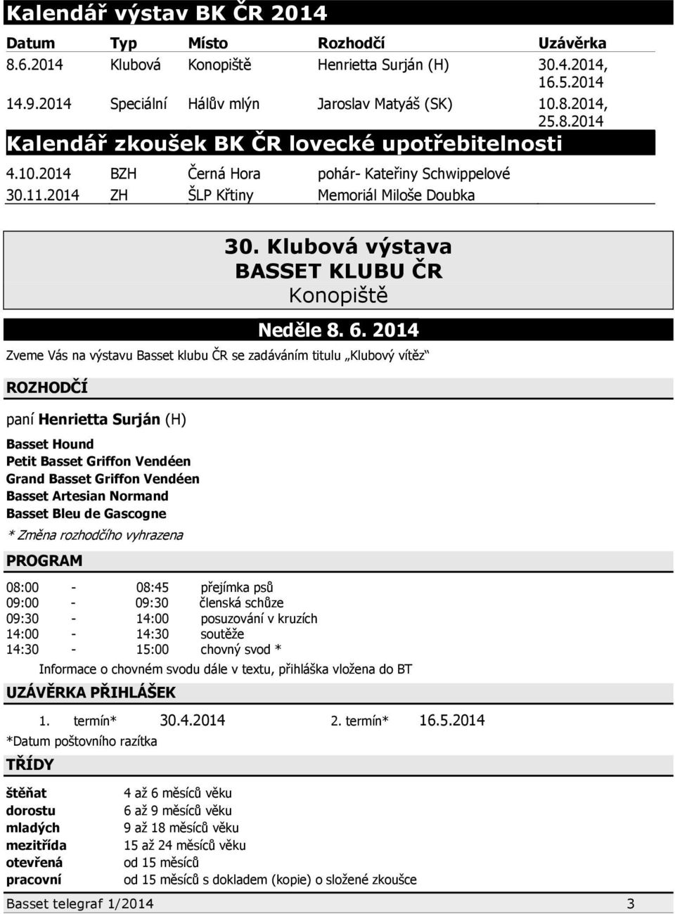 2014 Zveme Vás na výstavu Basset klubu ČR se zadáváním titulu Klubový vítěz ROZHODČÍ paní Henrietta Surján (H) Basset Hound Petit Basset Griffon Vendéen Grand Basset Griffon Vendéen Basset Artesian