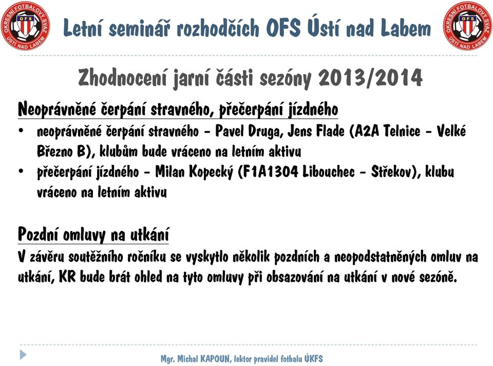Kopecký (F1A1304 Libouchec Střekov), klubu vráceno na letním aktivu Pozdní omluvy na utkání V závěru soutěžního ročníku se