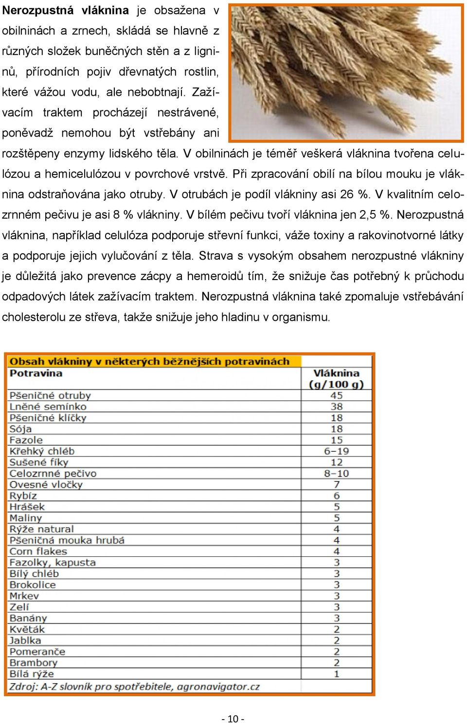 V obilninách je téměř veškerá vláknina tvořena celulózou a hemicelulózou v povrchové vrstvě. Při zpracování obilí na bílou mouku je vláknina odstraňována jako otruby.