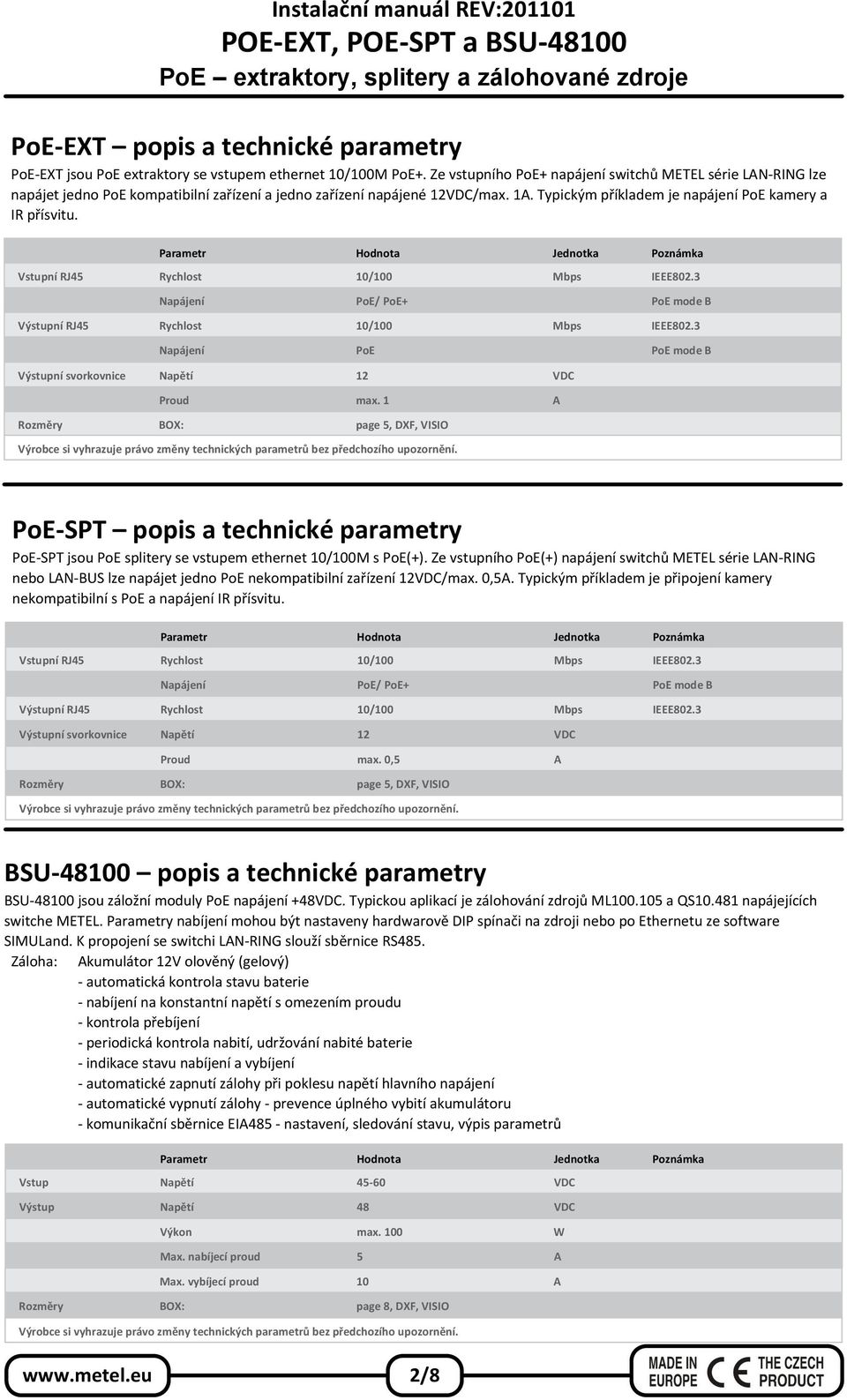 Parametr Hodnota Jednotka Poznámka Vstupní RJ45 Rychlost 10/100 Mbps IEEE802.3 Napájení PoE/ PoE+ PoE mode B Výstupní RJ45 Rychlost 10/100 Mbps IEEE802.