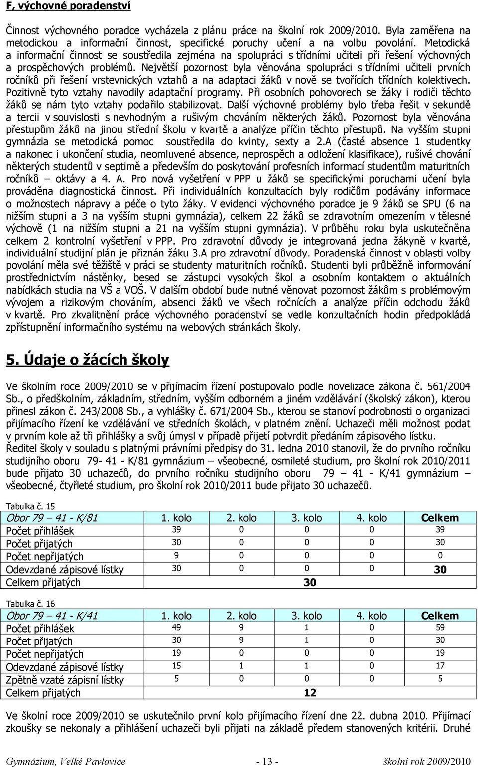 Největší pozornost byla věnována spolupráci s třídními učiteli prvních ročníků při řešení vrstevnických vztahů a na adaptaci ţáků v nově se tvořících třídních kolektivech.