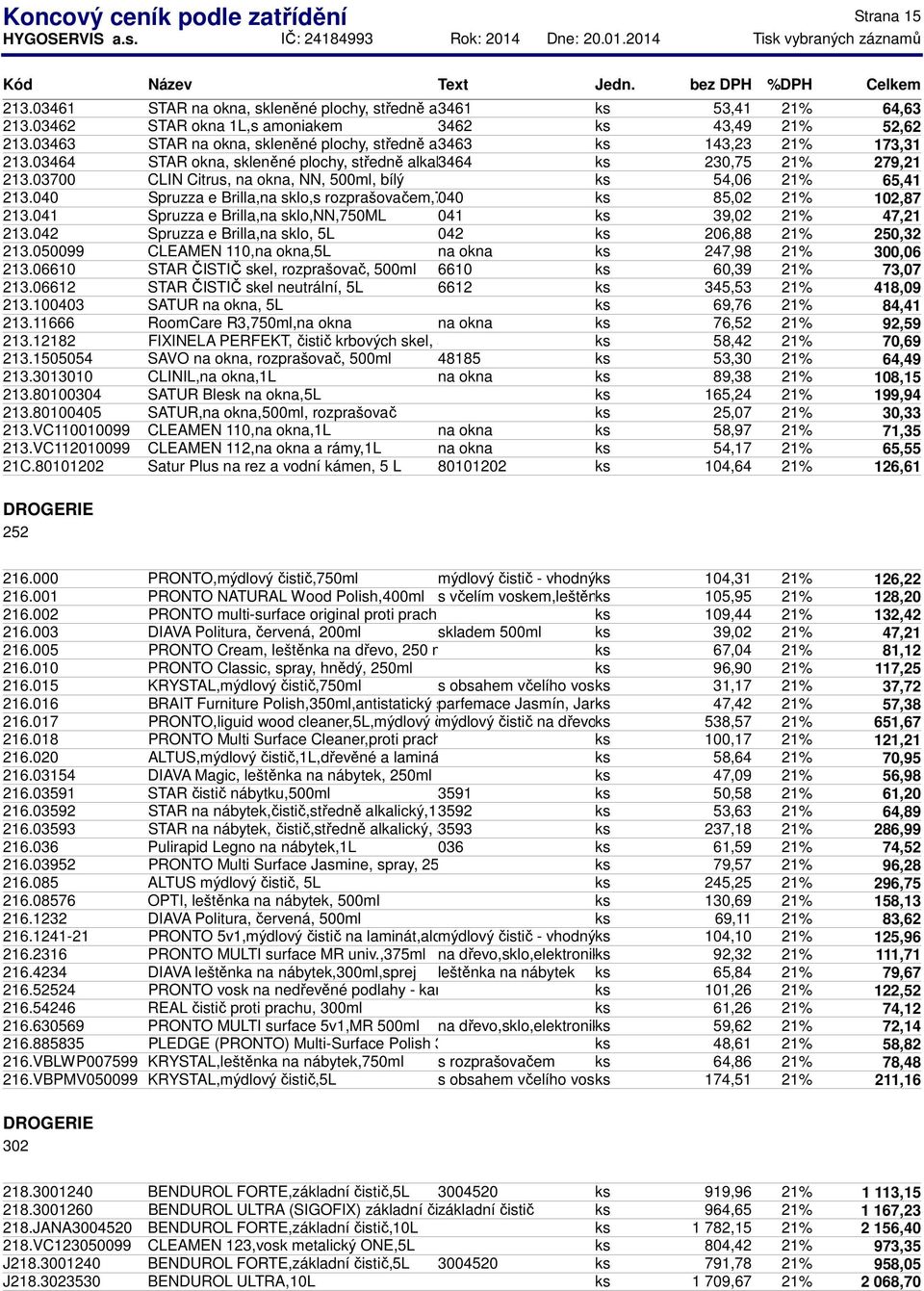 03700 CLIN Citrus, na okna, NN, 500ml, bílý ks 54,06 21% 65,41 213.040 Spruzza e Brilla,na sklo,s rozprašovačem,750ml 040 ks 85,02 21% 102,87 213.