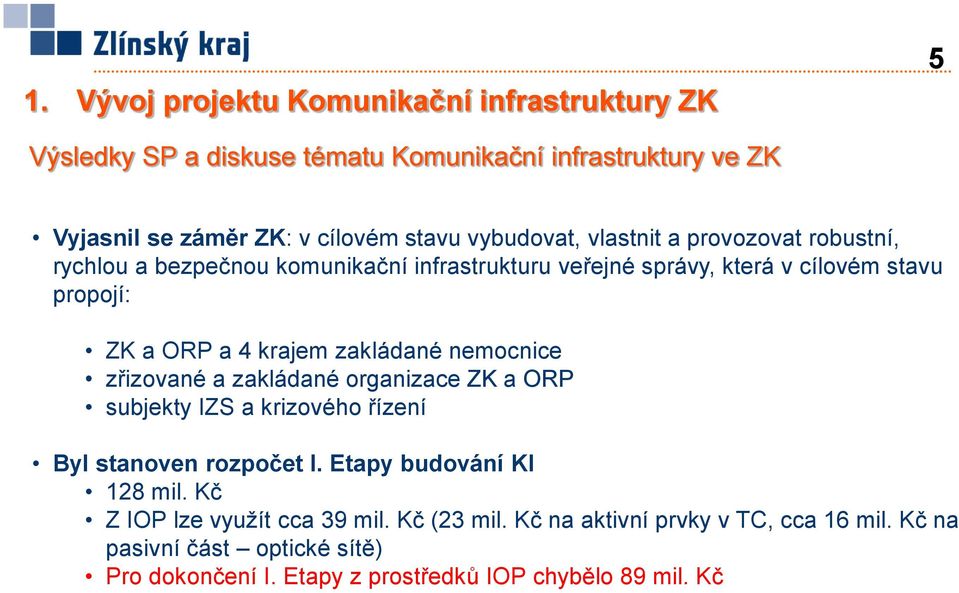 zakládané nemocnice zřizované a zakládané organizace ZK a ORP subjekty IZS a krizového řízení Byl stanoven rozpočet I. Etapy budování KI 128 mil.