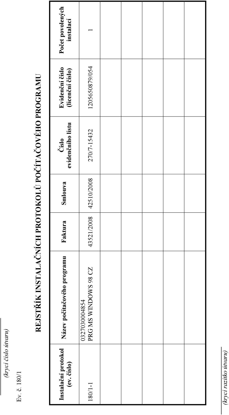 180/1 REJSTŘÍK I STALAČ ÍCH PROTOKOLŮ POČÍTAČOVÉHO PROGRAMU Instalační protokol (ev.