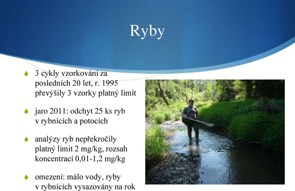 rybnících a potocích analýzy ryb nepřekročily platný limit 2 mg/kg,