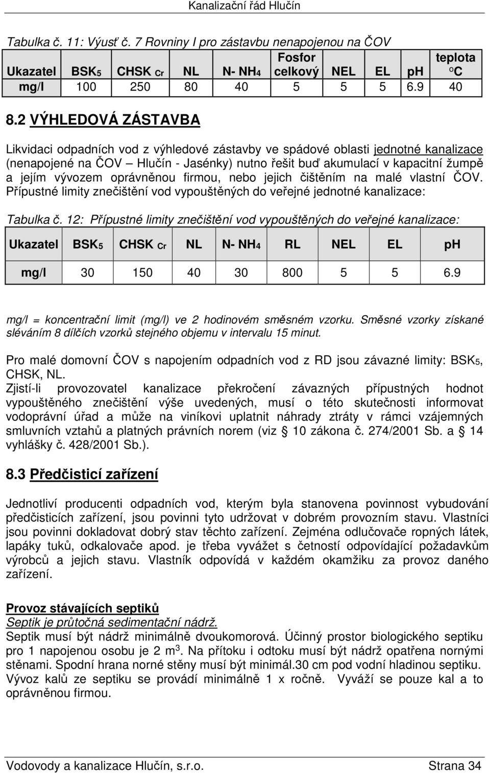 vývozem oprávněnou firmou, nebo jejich čištěním na malé vlastní ČOV. Přípustné limity znečištění vod vypouštěných do veřejné jednotné kanalizace: Tabulka č.