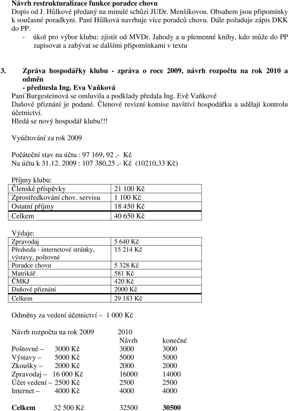 Zpráva hospodářky klubu - zpráva o roce 2009, návrh rozpočtu na rok 2010 a odměn Paní Burgesteinová se omluvila a podklady předala Ing. Evě Vaňkové Daňové přiznání je podané.