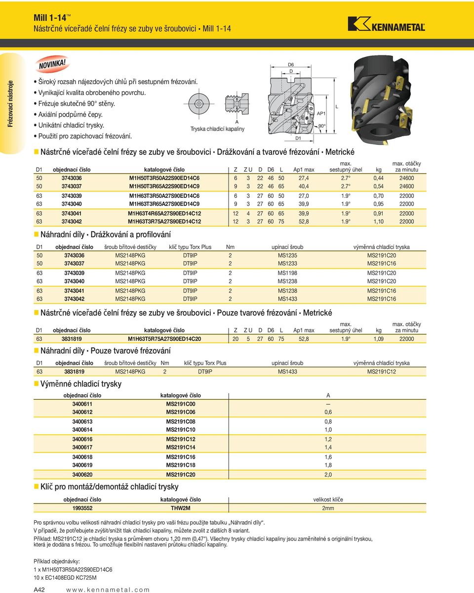 D1 AP1 90º L Nástrčné víceřadé čelní frézy se zuby ve šroubovici Drážkování a tvarové frézování Metrické D1 objednacíčíslo Z Z U D D6 L Ap1 max max. sestupný úhel kg max.