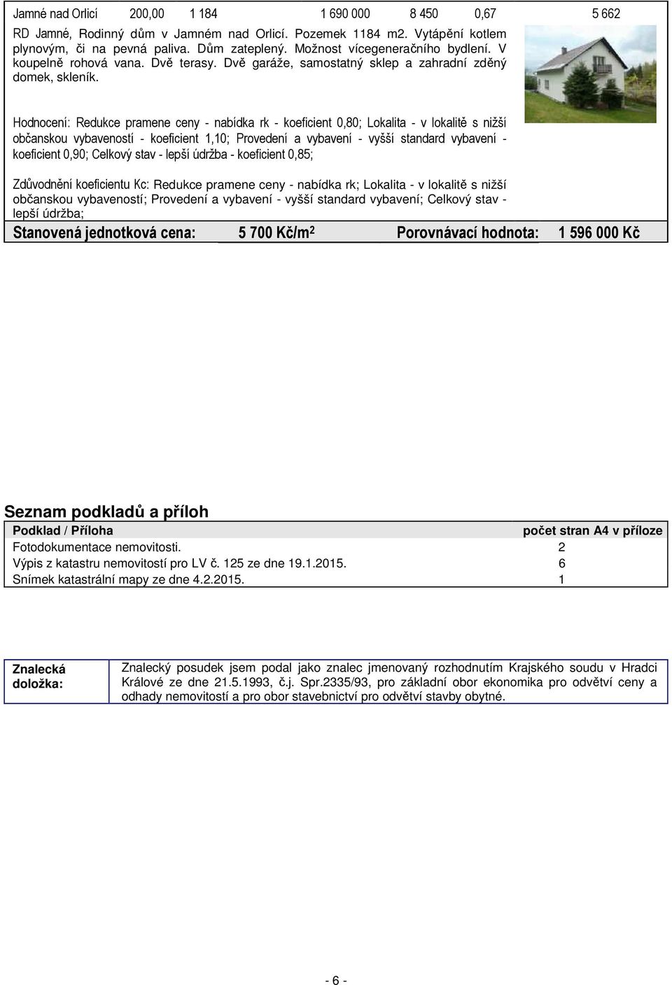 Hodnocení: Redukce pramene ceny - nabídka rk - koeficient 0,80; Lokalita - v lokalitě s nižší občanskou vybaveností - koeficient 1,10; Provedení a vybavení - vyšší standard vybavení - koeficient