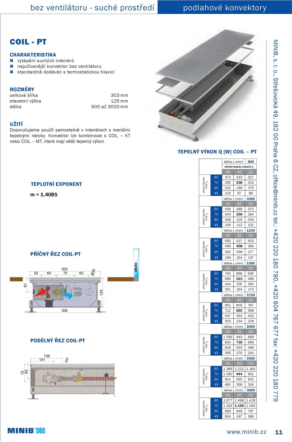 61 72 62 TEPLOTNÍ ExPONENT m = 1,4085 Příčný řez COIL-PT 52 63 303 75 63 305 podélný řez COIL-PT 136 101 125 okno tepelný VýKON Q [W] COiL PT délka L (mm) 900 80 373 333 317 70 295 258 243 60 222 188