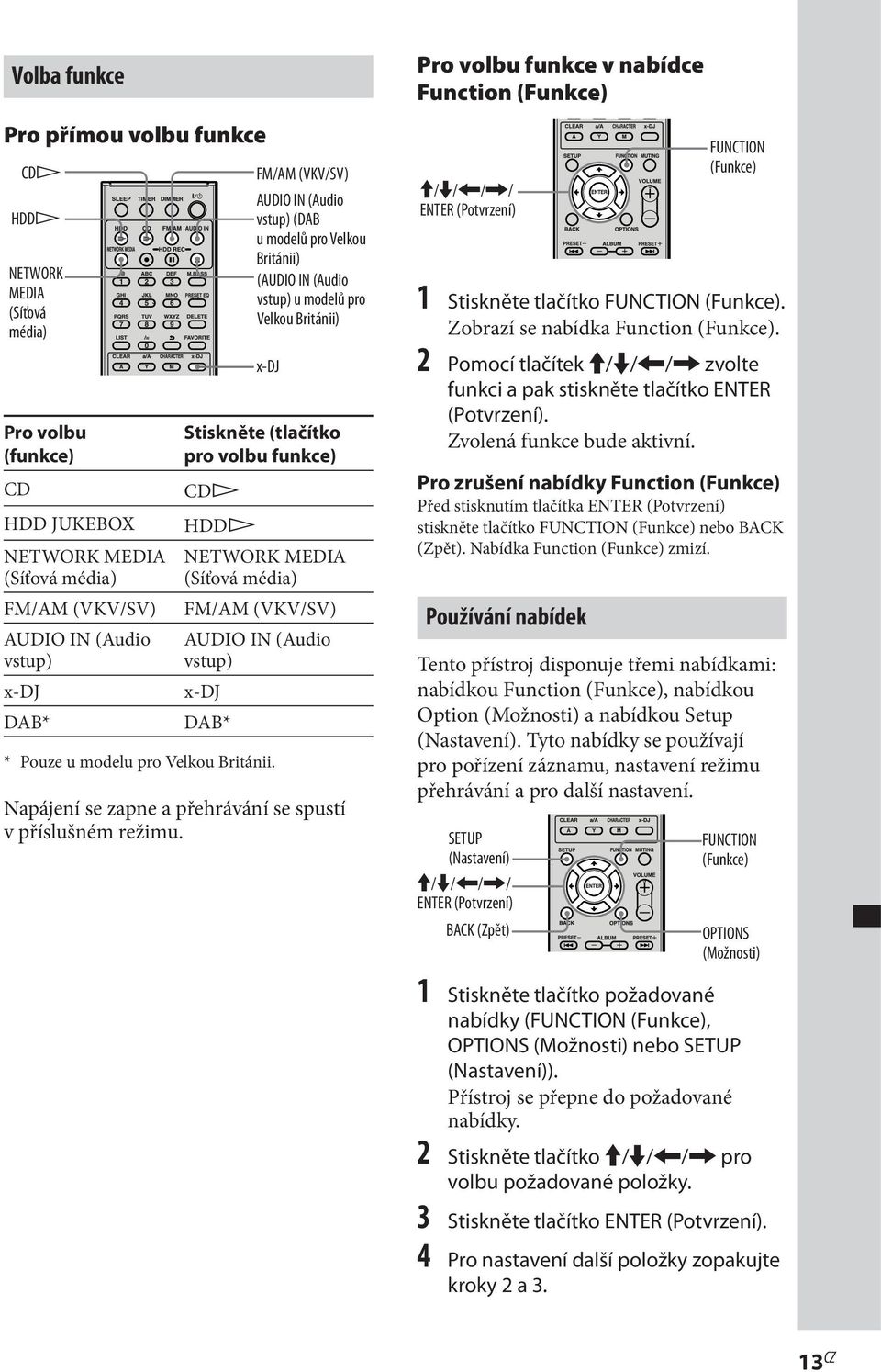 média) FM/AM (VKV/SV) AUDIO IN (Audio vstup) x-dj DAB* * Pouze u modelu pro Velkou Británii. Napájení se zapne a přehrávání se spustí v příslušném režimu.