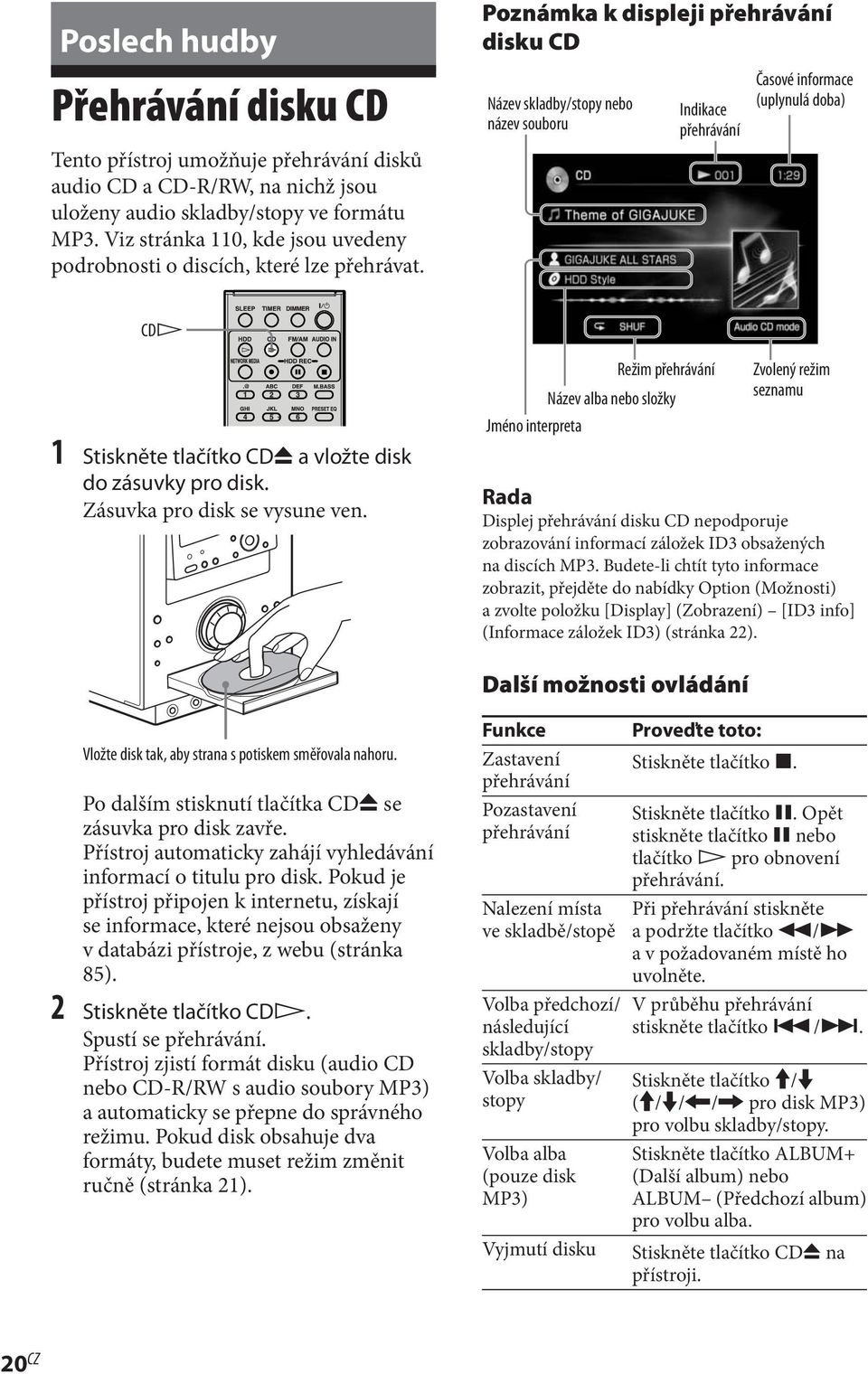Název skladby/stopy nebo název souboru Indikace přehrávání Časové informace (uplynulá doba) CDH 1 Stiskněte tlačítko CDZ a vložte disk do zásuvky pro disk. Zásuvka pro disk se vysune ven.