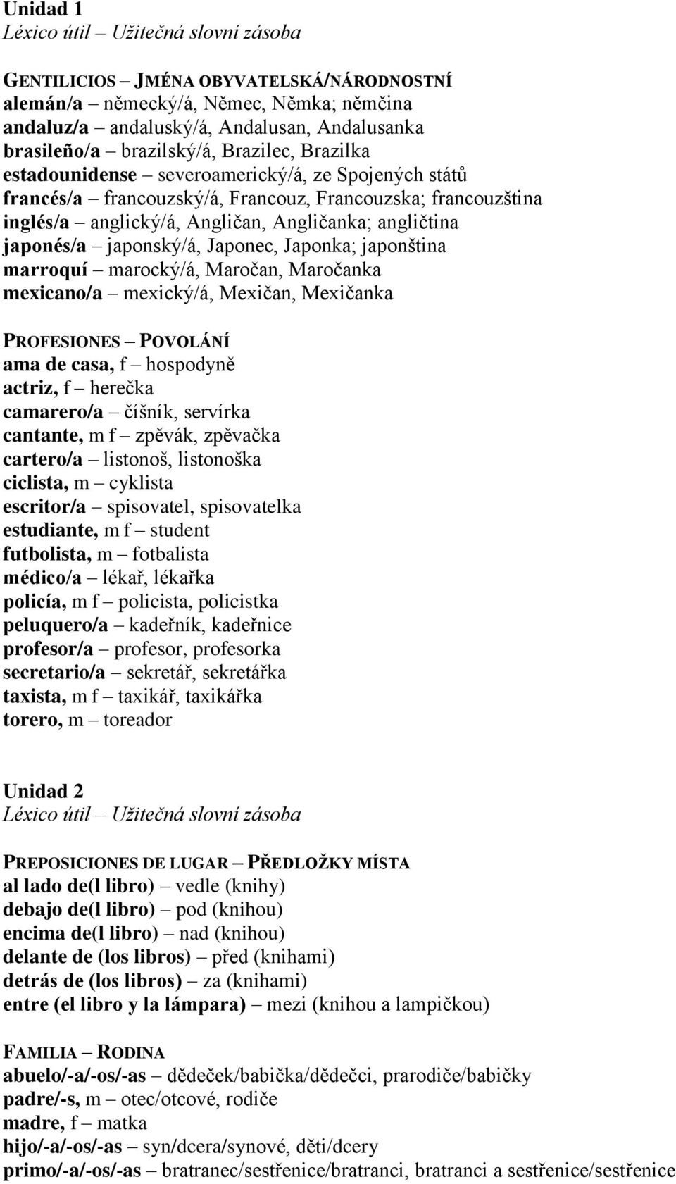 japonština marroquí marocký/á, Maročan, Maročanka mexicano/a mexický/á, Mexičan, Mexičanka PROFESIONES POVOLÁNÍ ama de casa, f hospodyně actriz, f herečka camarero/a číšník, servírka cantante, m f