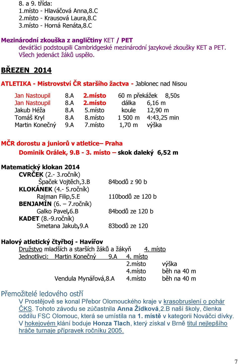 BŘEZEN 2014 ATLETIKA - Mistrovství ČR staršího žactva - Jablonec nad Nisou Jan Nastoupil 8.A 2.místo 60 m překážek 8,50s Jan Nastoupil 8.A 2.místo dálka 6,16 m Jakub Héža 8.A 5.