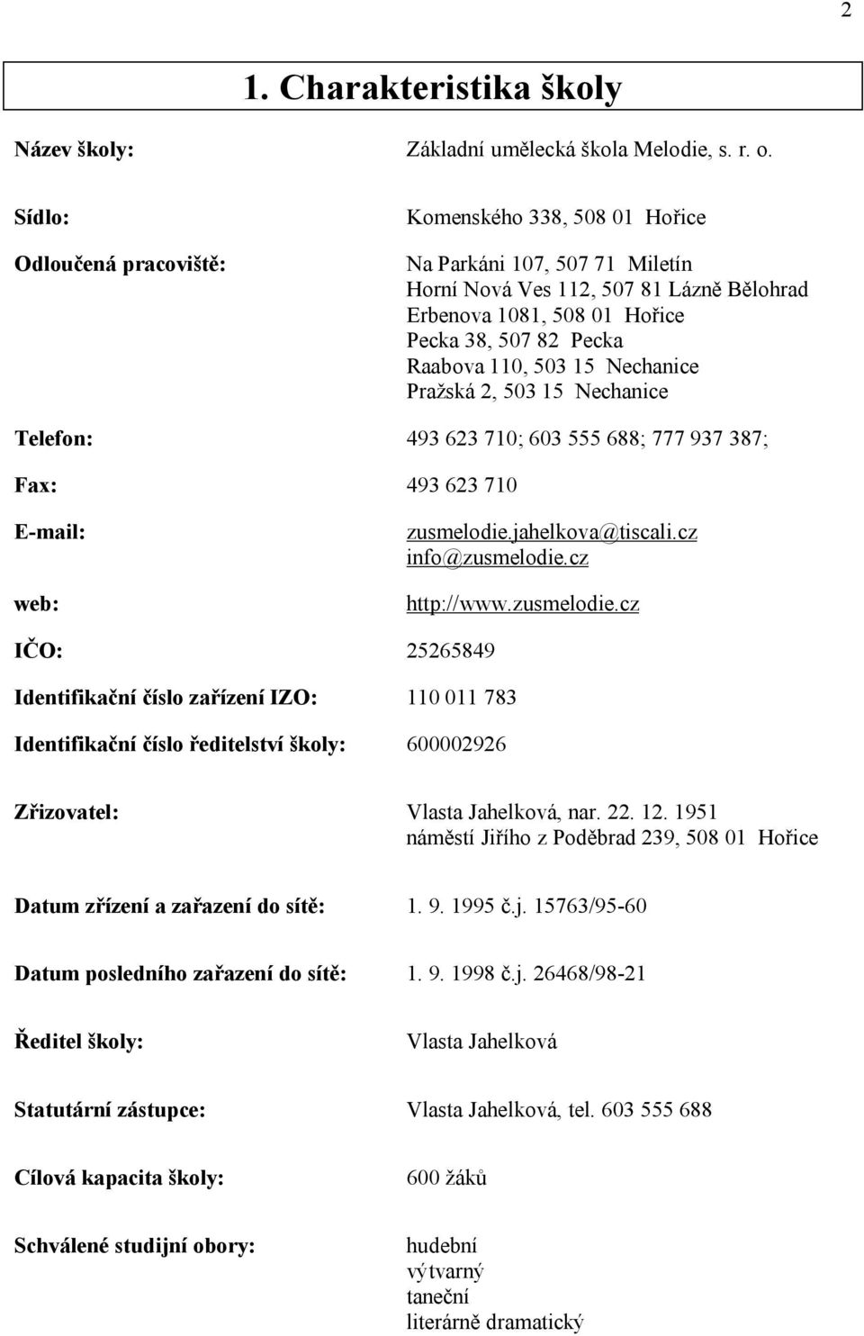 503 15 Nechanice Pražská 2, 503 15 Nechanice Telefon: 493 623 710; 603 555 688; 777 937 387; Fax: 493 623 710 E-mail: web: zusmelodie.