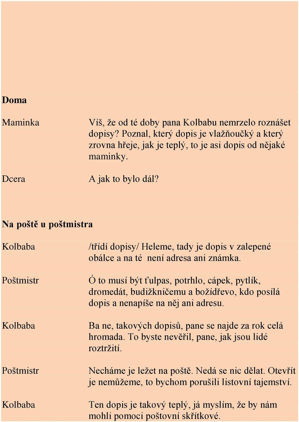 Ó to musí být ťulpas, potrhlo, cápek, pytlík, dromedát, budižkničemu a božídřevo, kdo posílá dopis a nenapíše na něj ani adresu. Ba ne, takových dopisů, pane se najde za rok celá hromada.