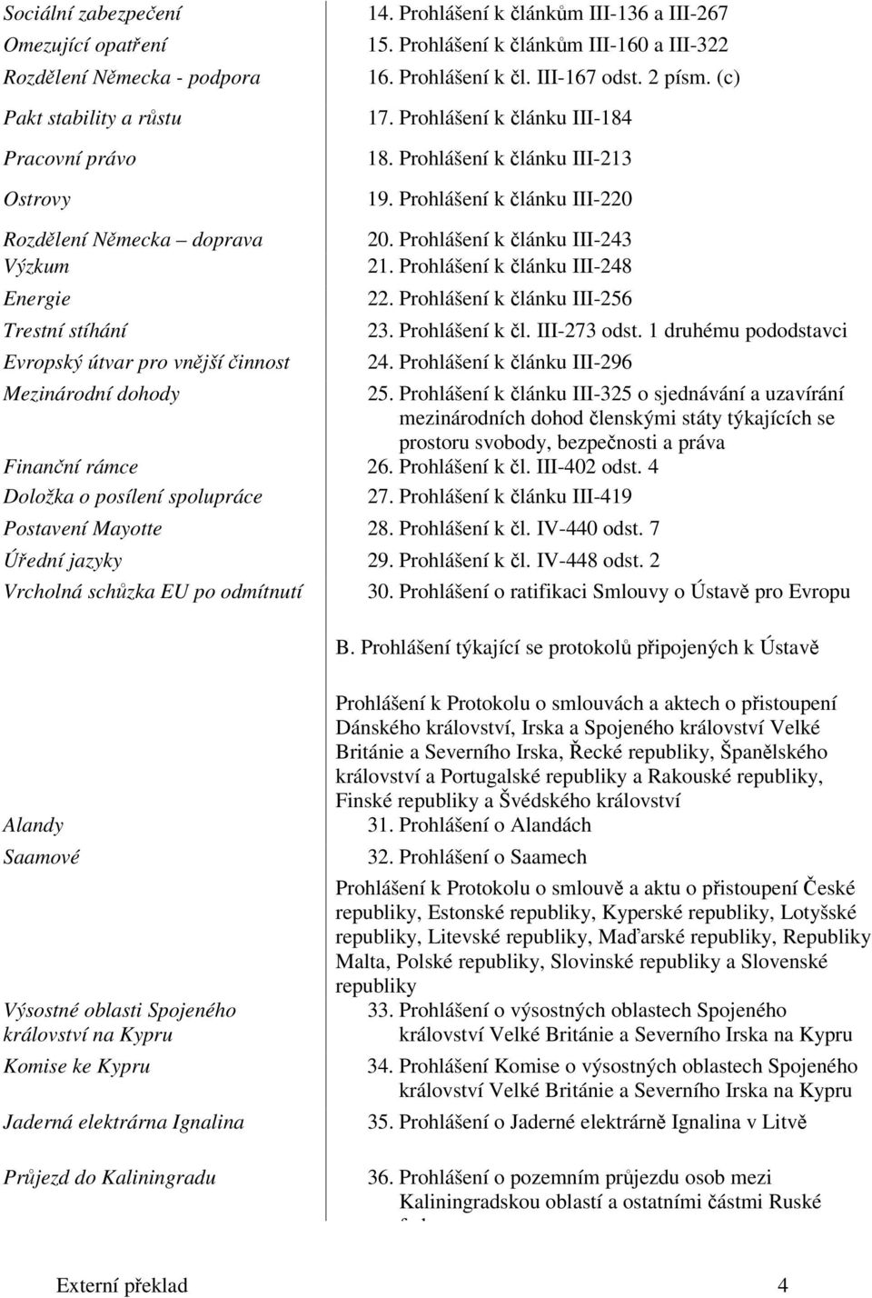 Prohlášení k lánku III-220 Rozdlení Nmecka doprava Výzkum Energie Trestní stíhání Evropský útvar pro vnjší innost 20. Prohlášení k lánku III-243 21. Prohlášení k lánku III-248 22.