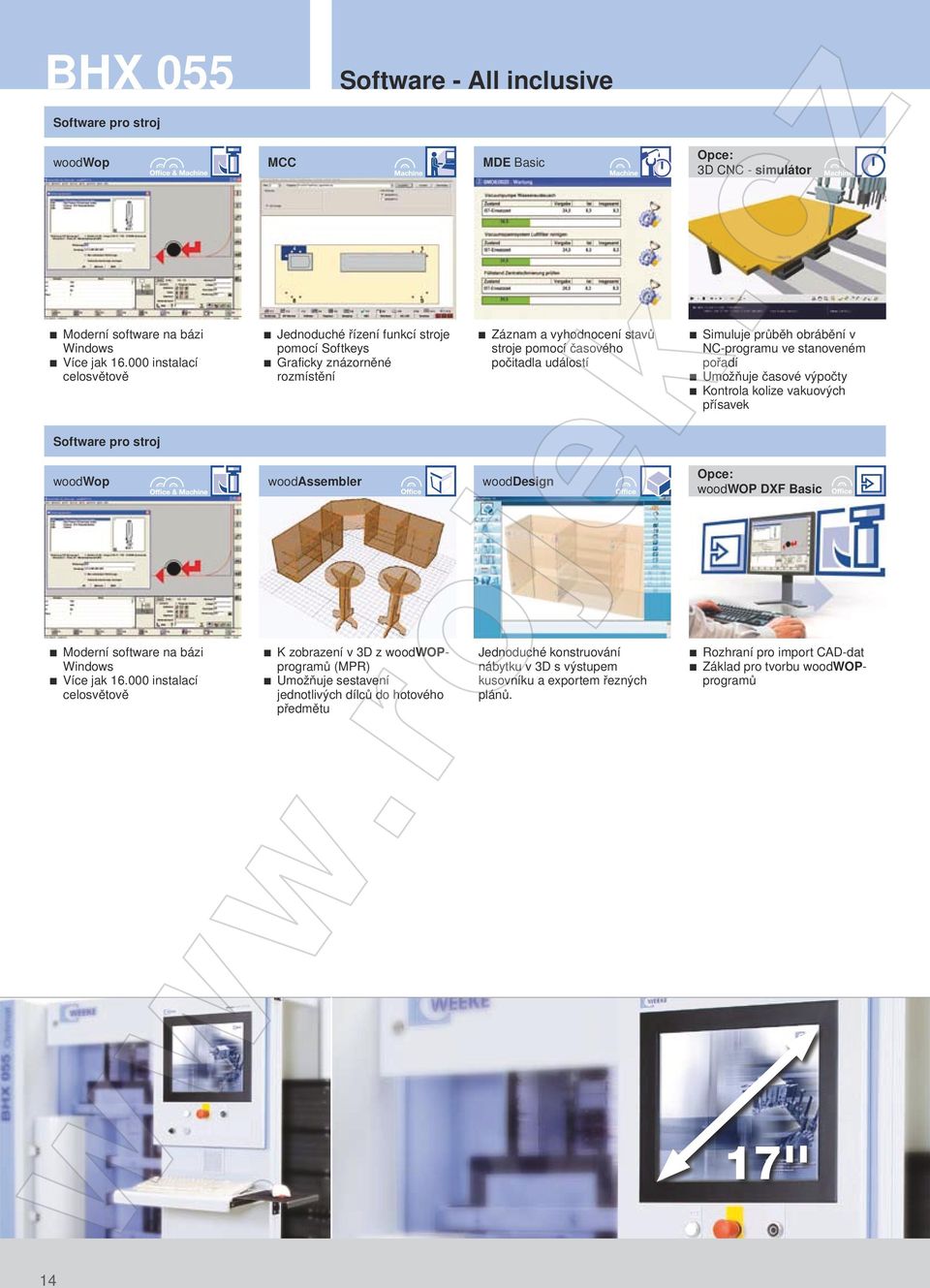 v NC-programu ve stanoveném pořadí Umožňuje časové výpočty Kontrola kolize vakuových přísavek Software pro stroj woodwop woodassembler wooddesign Opce: woodwop DXF Basic Moderní software na bázi