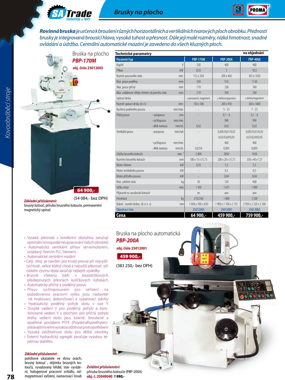 číslo 25012003 64 900,- (54 084,- bez DPH) Základní příslušenství: brusný kotouč, příruba brusného kotouče, permanentní magnetický upínač Technické parametry Parametr/typ PBP-170M PBP-200A na