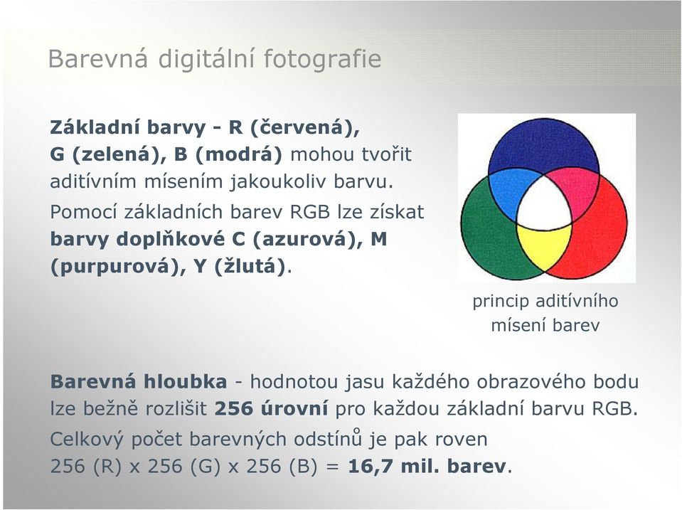 princip aditívního mísení barev Barevná hloubka - hodnotou jasu každého obrazového bodu lze bežně rozlišit 256