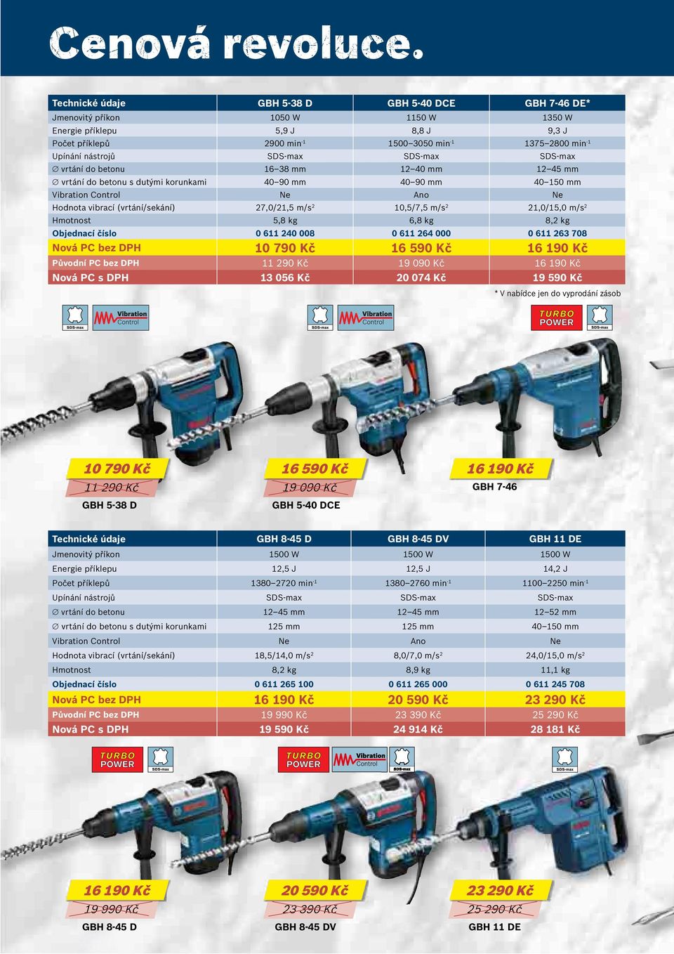 nástrojů SDS-max SDS-max SDS-max vrtání do betonu 16 38 mm 12 40 mm 12 45 mm vrtání do betonu s dutými korunkami 40 90 mm 40 90 mm 40 150 mm Vibration Control Ne Ano Ne Hodnota vibrací