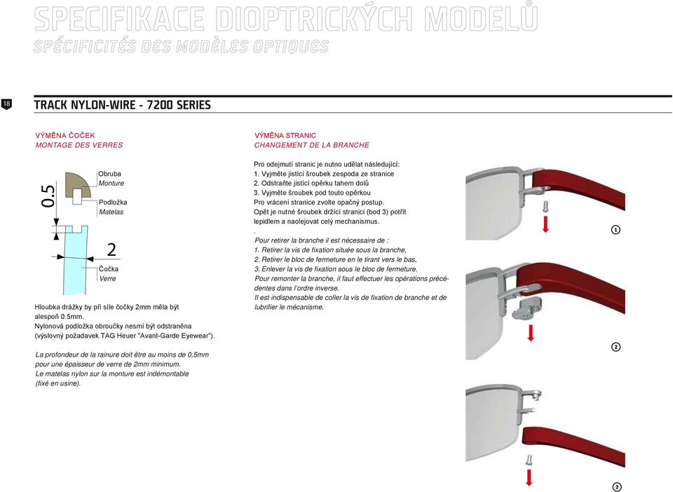 Nylonová podložka obroučky nesmí být odstraněna (výslovný požadavek TAG Heuer "Avant-Garde Eyewear ).