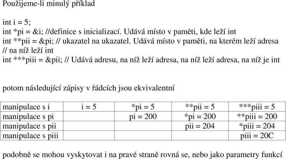 int potom následující zápisy v řádcích jsou ekvivalentní manipulace s i i = 5 *pi = 5 **pii = 5 ***piii = 5 manipulace s pi pi = 200 *pi = 200 **piii =