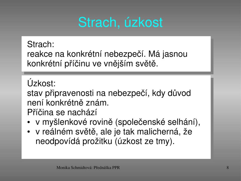 Úzkost: stav připravenosti na nebezpečí, kdy důvod není konkrétně znám.