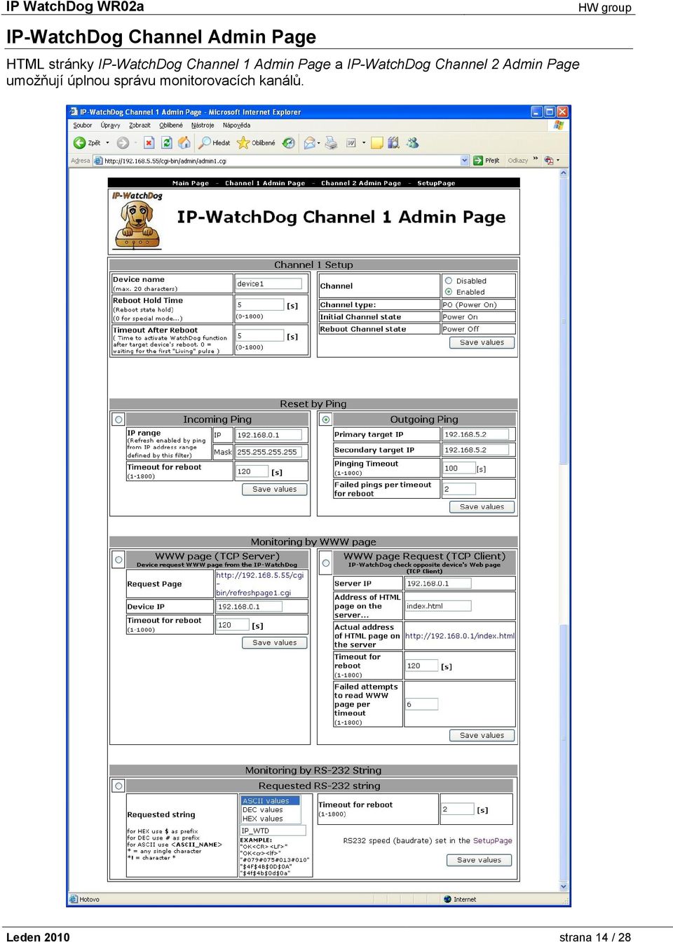 IP-WatchDog Channel 2 Admin Page umožňují