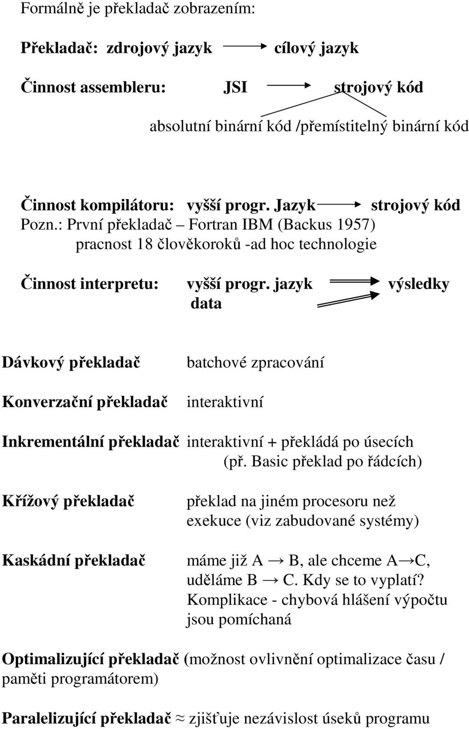 jazyk výsledky data Dávkový překladač Konverzační překladač batchové zpracování interaktivní Inkrementální překladač interaktivní + překládá po úsecích (př.