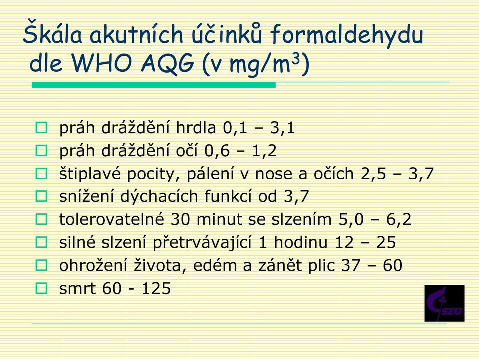 snížení dýchacích funkcí od 3,7 tolerovatelné 30 minut se slzením 5,0 6,2 silné