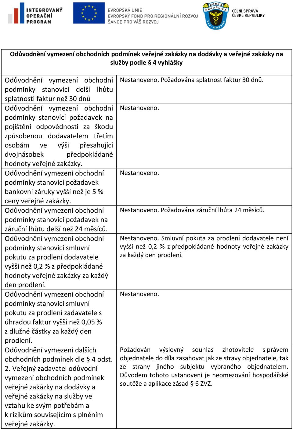 podmínky stanovící požadavek na záruční lhůtu delší než 24 měsíců.