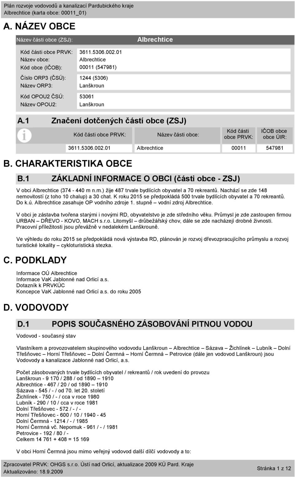 1 Značení dotčených částí obce (ZSJ) Kód části obce PRVK: Název části obce: Kód části obce PRVK: IČOB obce obce ÚIR: B. CHARAKTERISTIKA OBCE B.