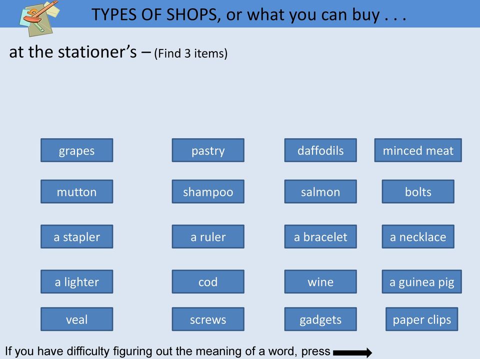 mutton shampoo salmon bolts a stapler a ruler a bracelet a necklace a