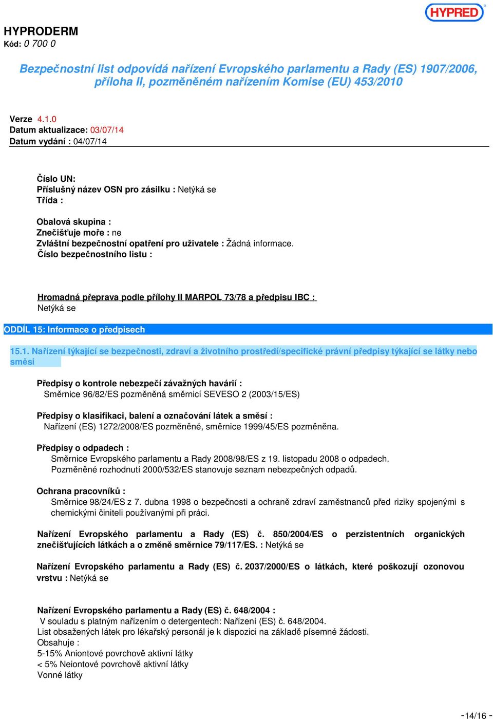 : Informace o předpisech 15