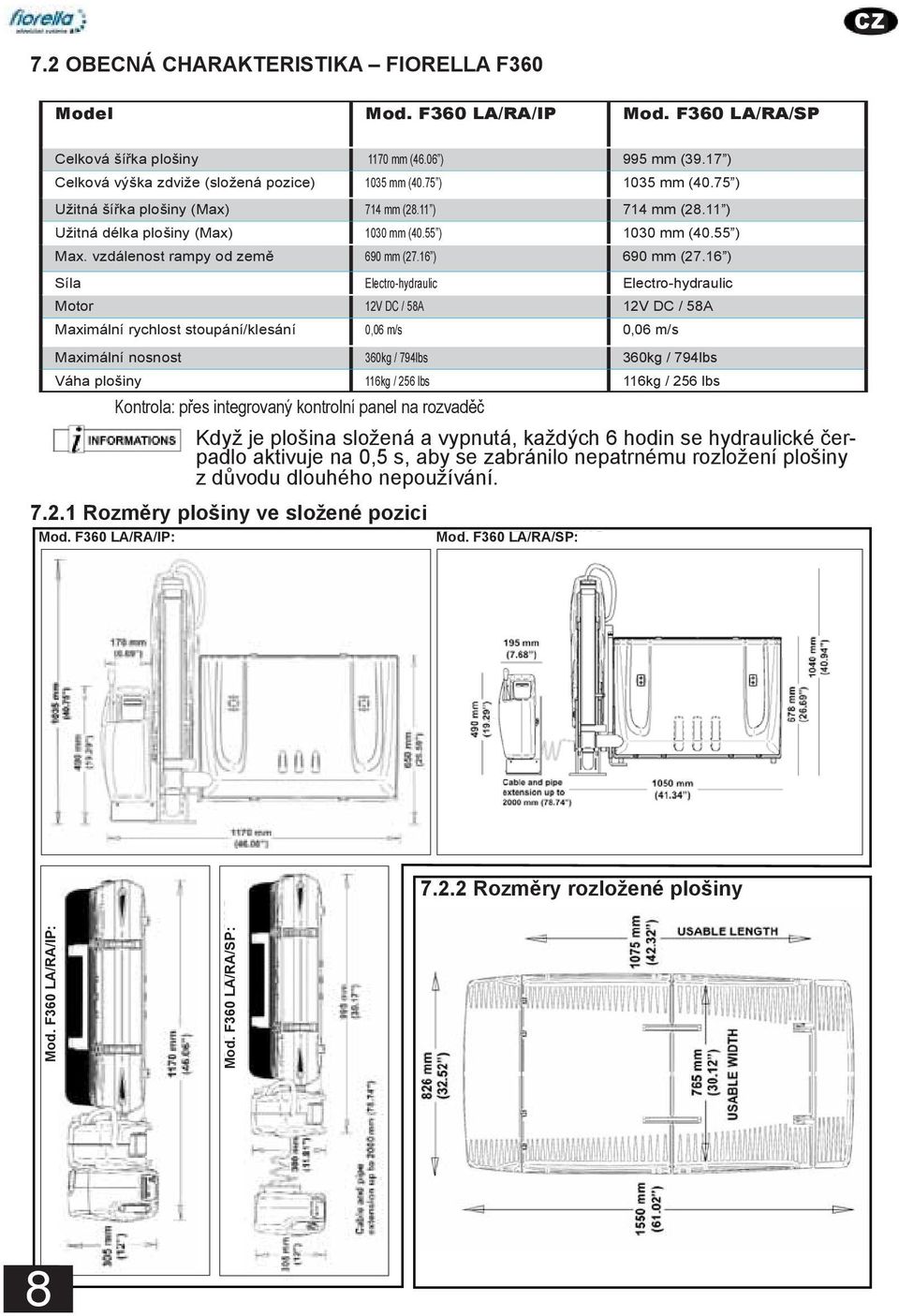17 ) 1170 mm (46.06 ) 995 mm (39.17 ) Overall Celková lift výška height zdviže (stowed (složená position) pozice) 1035 mm (40.75 ) 1035 mm (40.