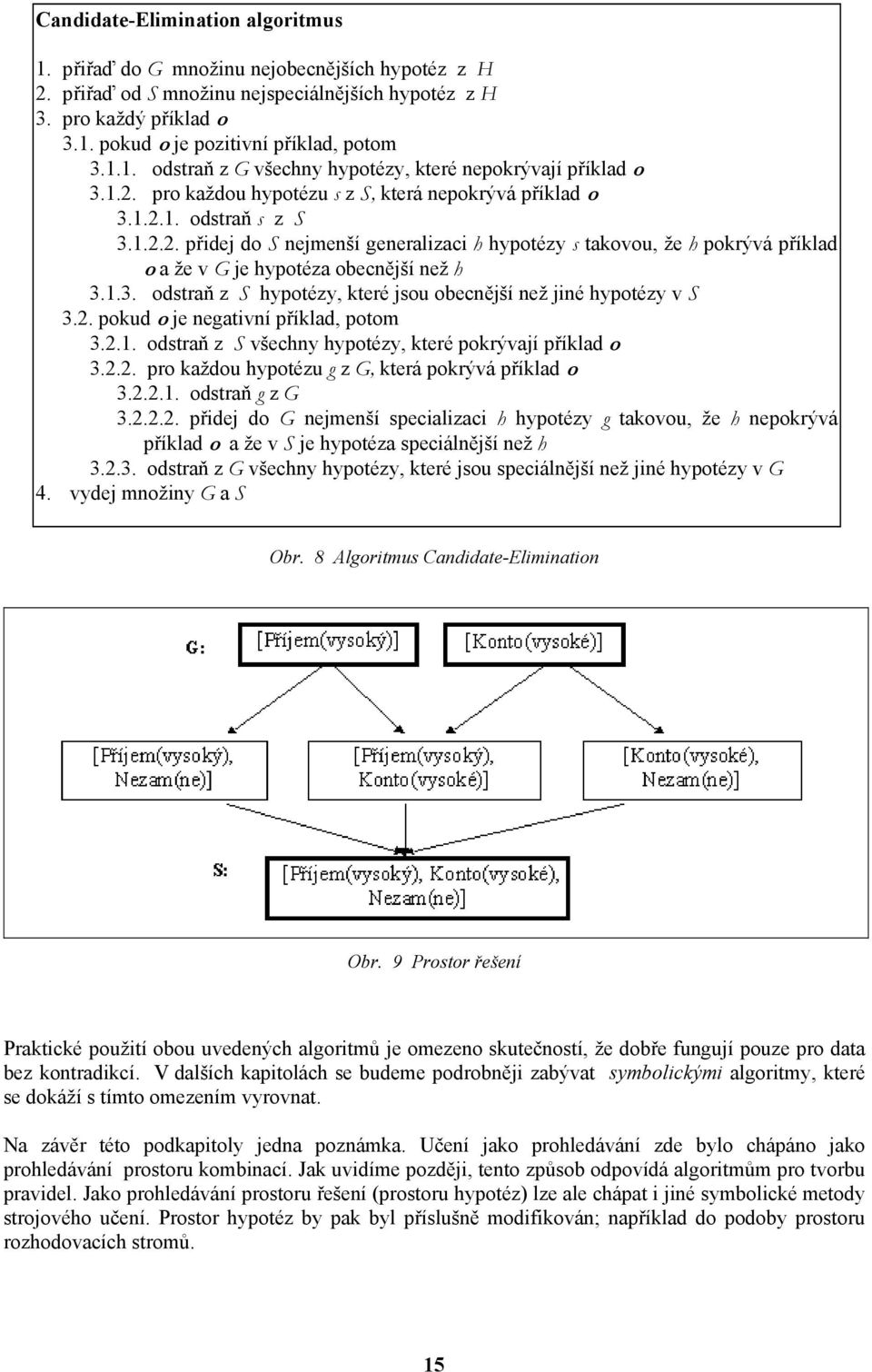 .3. odstraň z S hypotézy, které sou obecěší ež é hypotézy v S 3.2. pokud o e egatví příklad, potom 3.2.. odstraň z S všechy hypotézy, které pokrývaí příklad o 3.2.2. pro každou hypotézu g z G, která pokrývá příklad o 3.