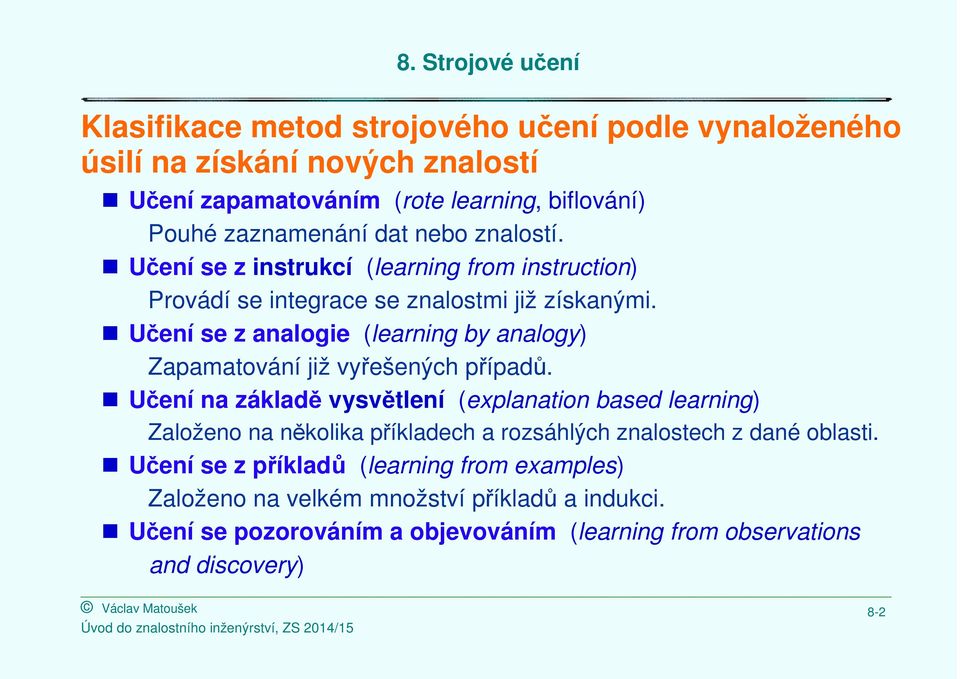 Učení se z analogie (learning by analogy) Zapamatování již vyřešených případů.