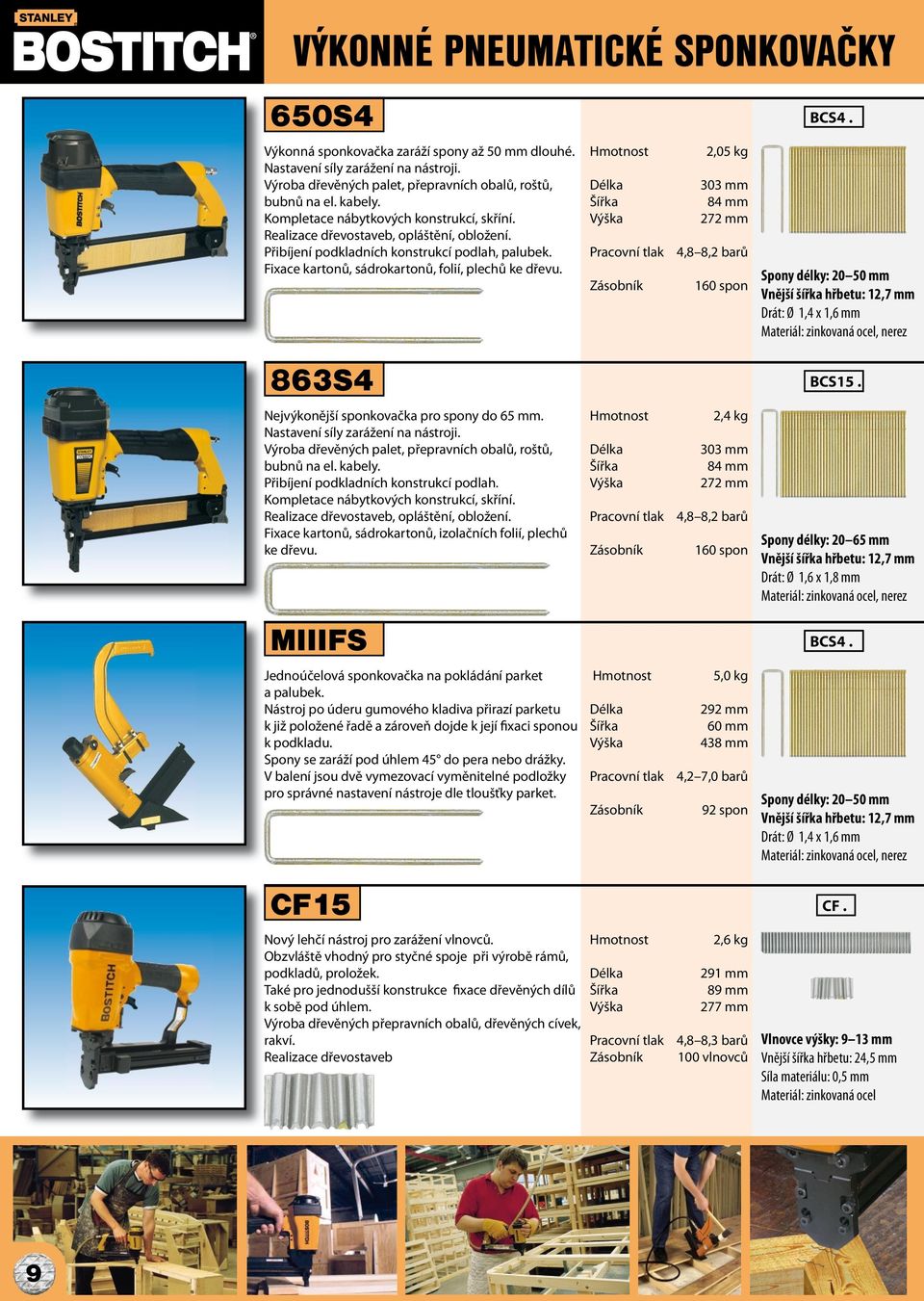 2,05 kg 303 mm 84 mm 272 mm 4,8 8,2 barů 160 spon BCS4. Spony délky: 20 50 mm Vnější šířka hřbetu: 12,7 mm Drát: Ø 1,4 x 1,6 mm 863S4 Nejvýkonější sponkovačka pro spony do 65 mm.