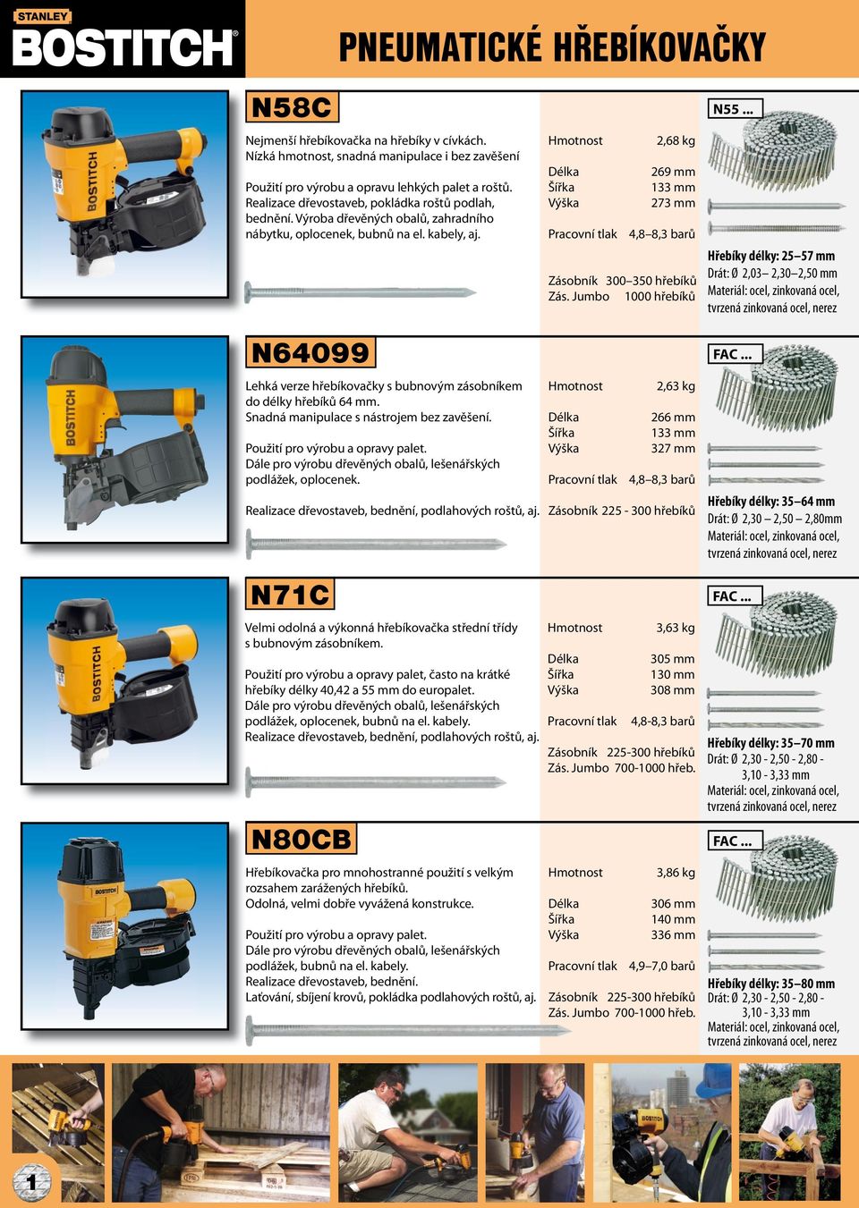 Jumbo 1000 hřebíků N55... Hřebíky délky: 25 57 mm Drát: Ø 2,03 2,30 2,50 mm tvrzená zinkovaná ocel, N64099 Lehká verze hřebíkovačky s bubnovým zásobníkem do délky hřebíků 64 mm.