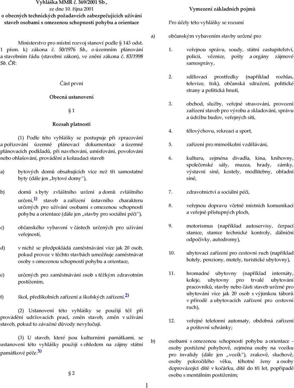 k) zákona č. 50/1976 Sb., o územním plánování a stavebním řádu (stavební zákon), ve znění zákona č. 83/1998 Sb.