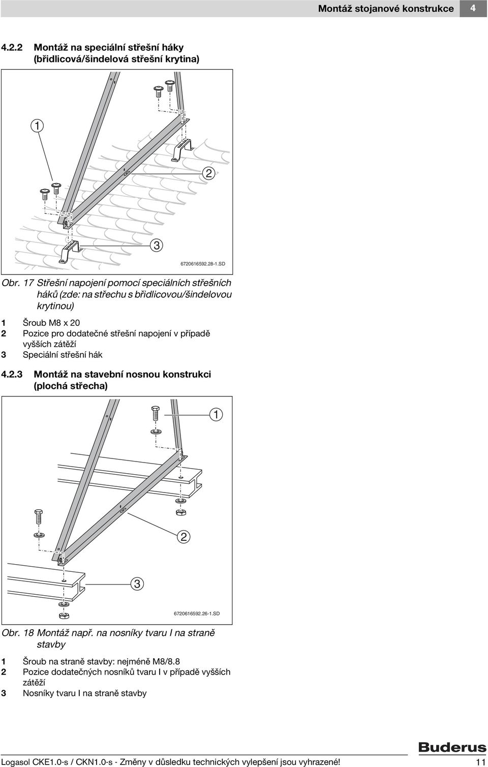 vyšších zátěží 3 Speciální střešní hák 4..3 Montáž na stavební nosnou konstrukci (plochá střecha) 1 3 67061659.6-1.SD Obr. 18 Montáž např.