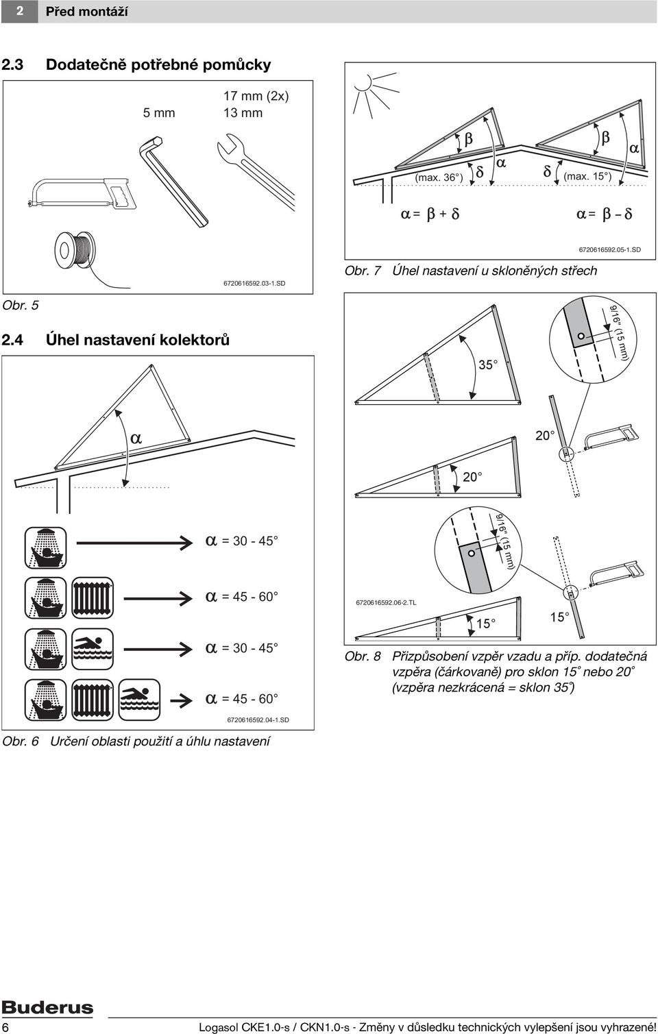 4 Úhel nastavení kolektorů 35 0 0 9/16" (15 mm) =30-45 =45-60 =30-45 =45-60 67061659.06-.TL Obr. 8 15 15 Přizpůsobení vzpěr vzadu a příp.