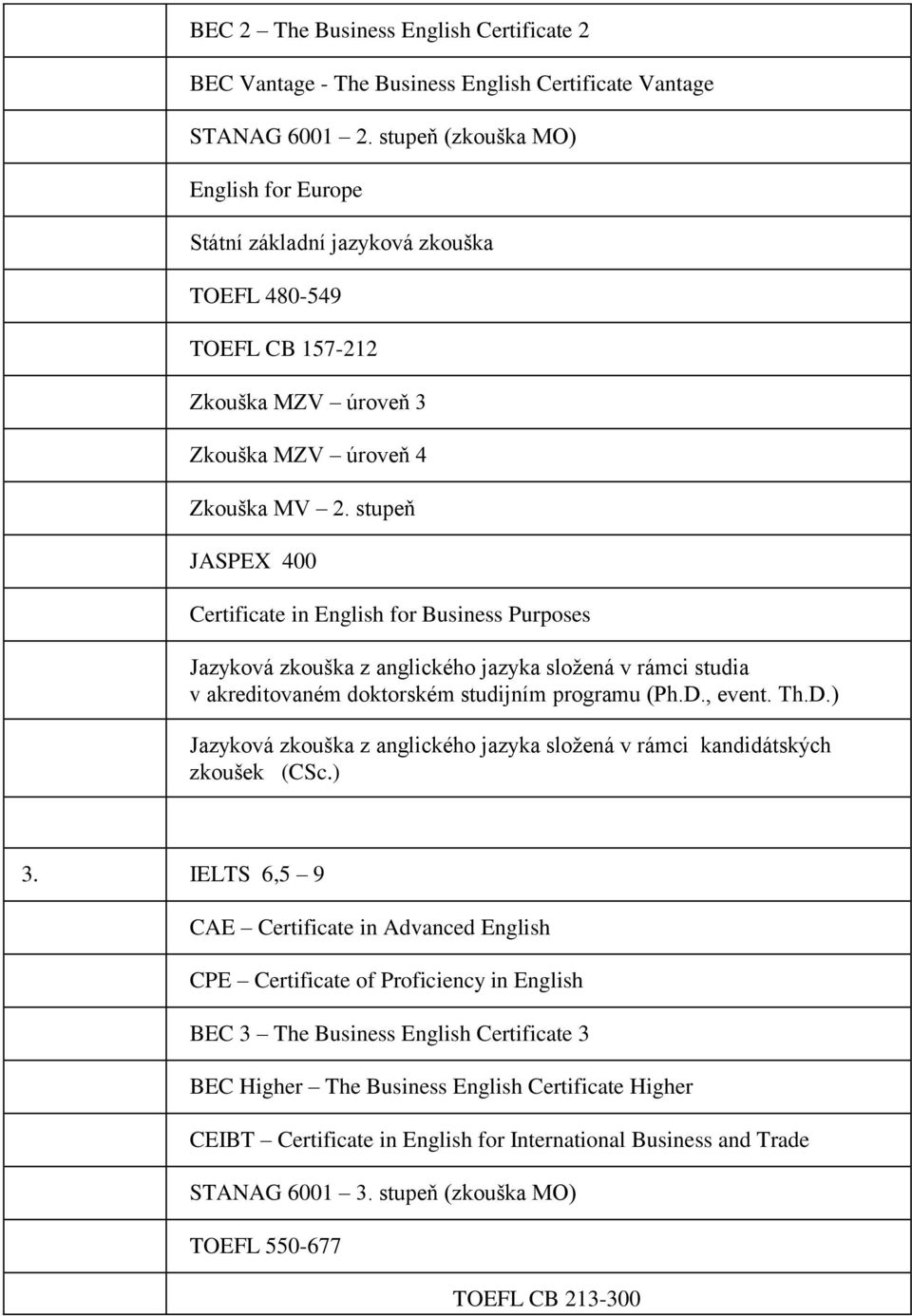 stupeň JASPEX 400 Certificate in English for Business Purposes Jazyková zkouška z anglického jazyka složená v rámci studia v akreditovaném doktorském studijním programu (Ph.D.
