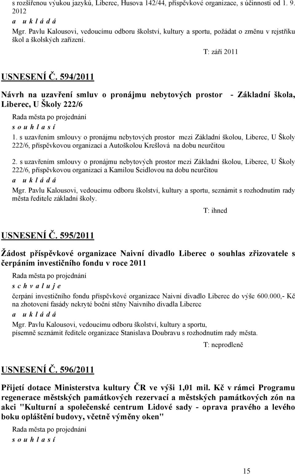 594/2011 Návrh na uzavření smluv o pronájmu nebytových prostor - Základní škola, Liberec, U Školy 222/6 1.
