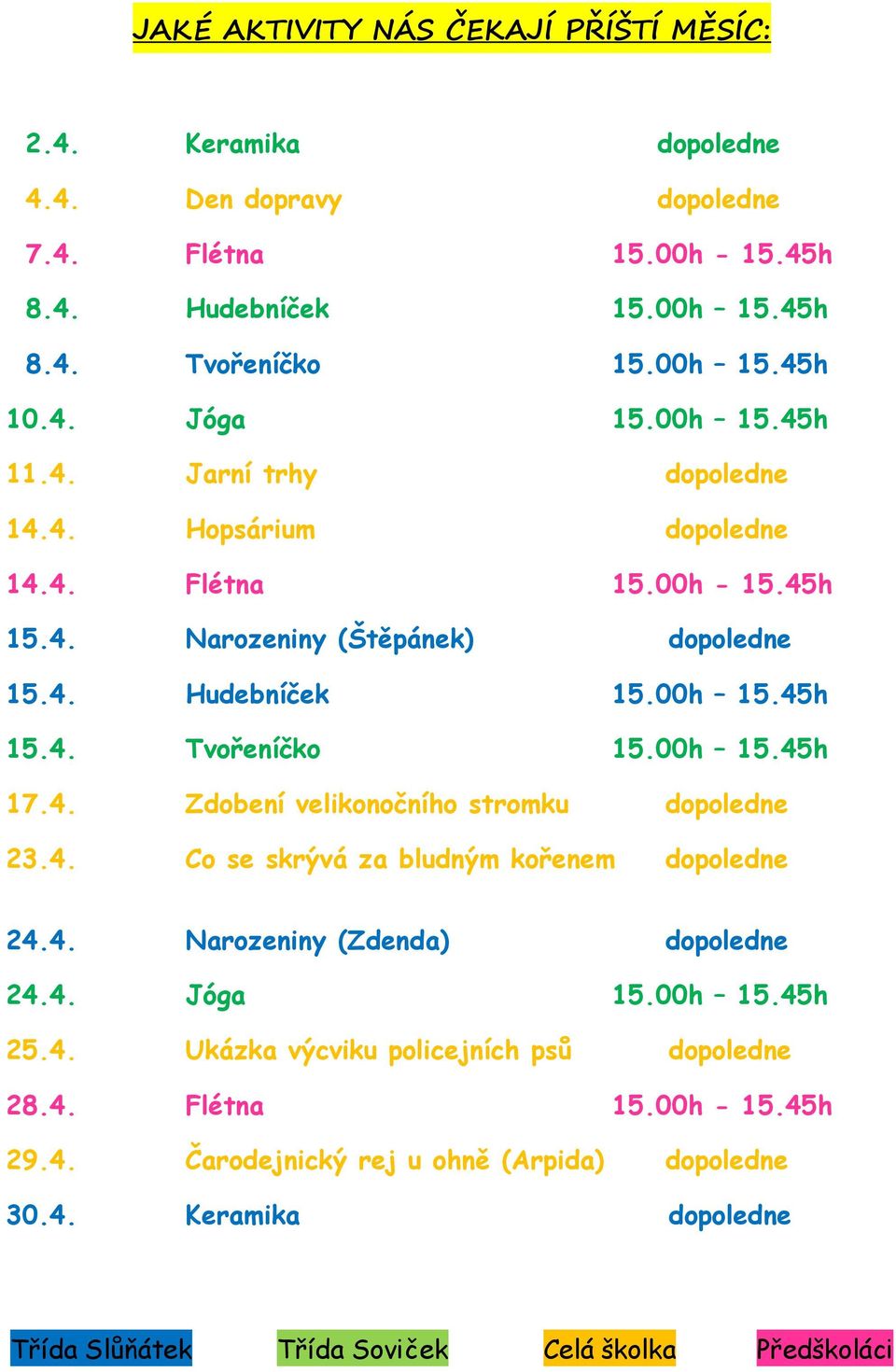 00h 15.45h 17.4. Zdobení velikonočního stromku dopoledne 23.4. Co se skrývá za bludným kořenem dopoledne 24.4. Narozeniny (Zdenda) dopoledne 24.4. Jóga 15.00h 15.45h 25.4. Ukázka výcviku policejních psů dopoledne 28.