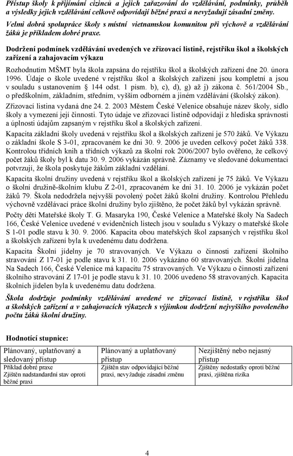 Dodržení podmínek vzdělávání uvedených ve zřizovací listině, rejstříku škol a školských zařízení a zahajovacím výkazu Rozhodnutím MŠMT byla škola zapsána do rejstříku škol a školských zařízení dne 20.